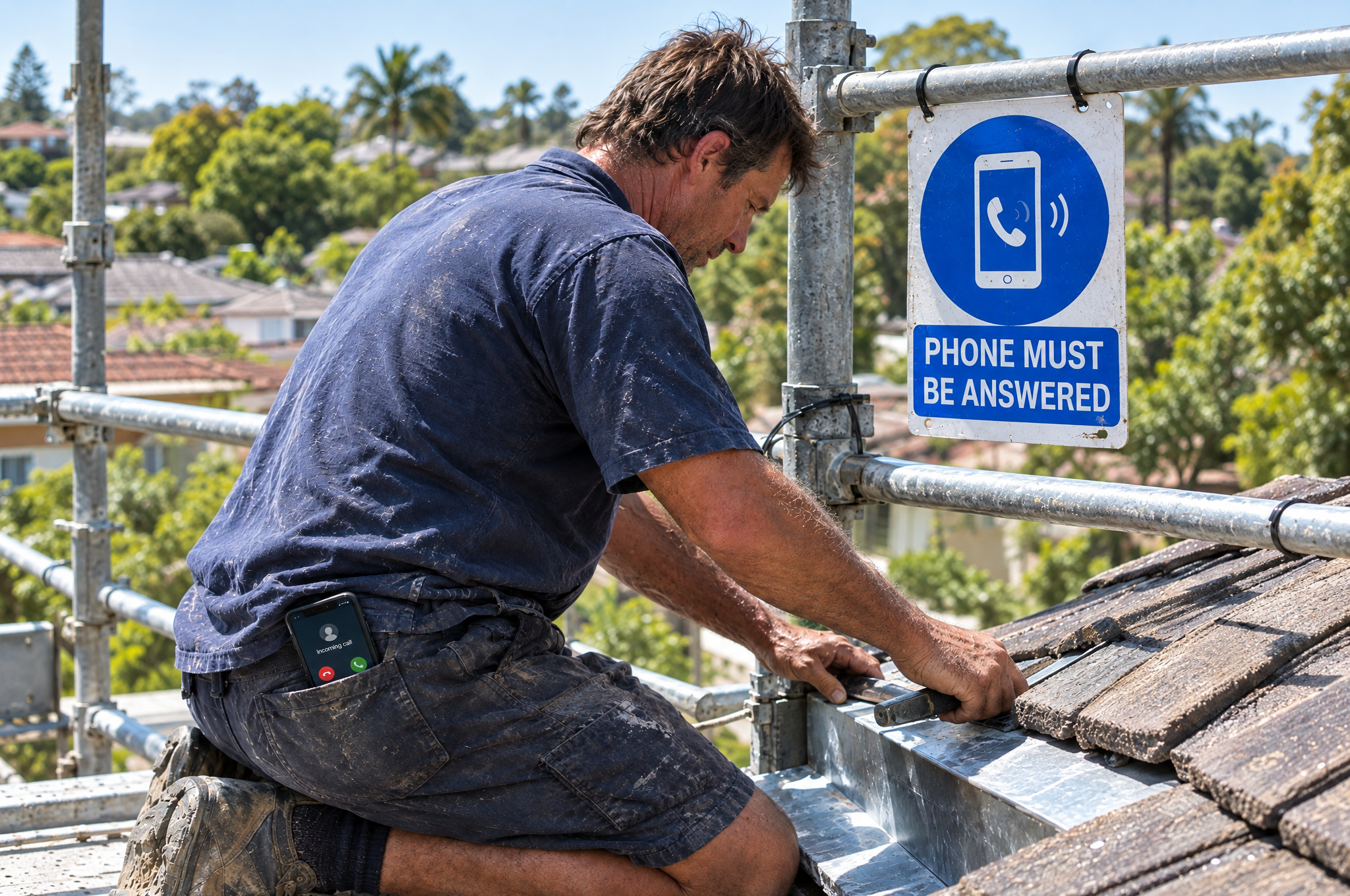 A roofer kneeling on scaffolding with his phone ringing in his back pocket, beside a blue sign that reads PHONE MUST BE ANSWERED.