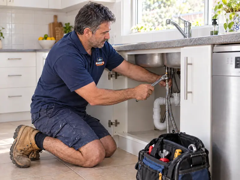 Mario fitting a braided hose under a kitchen sink