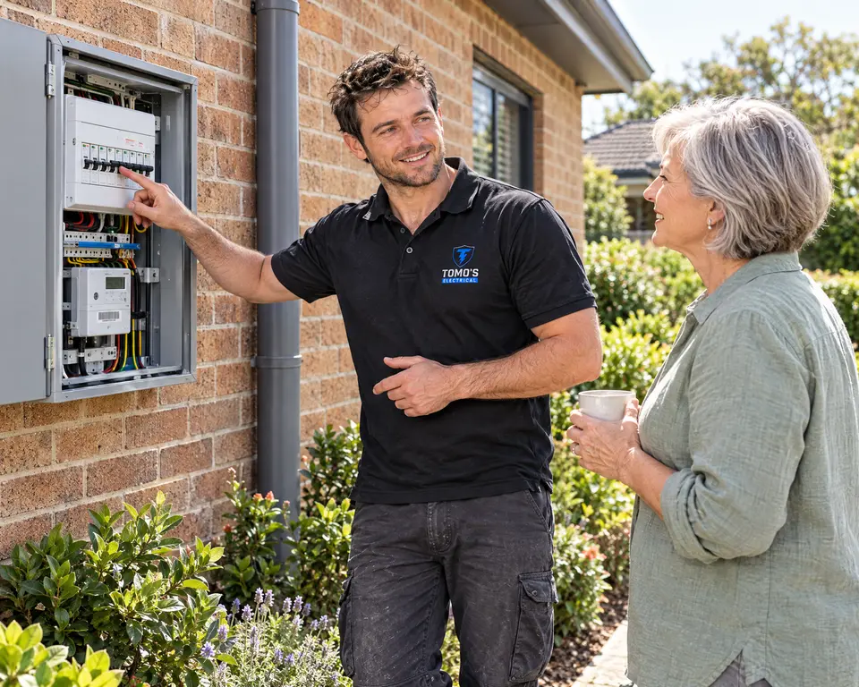Tomo showing a customer her switchboard