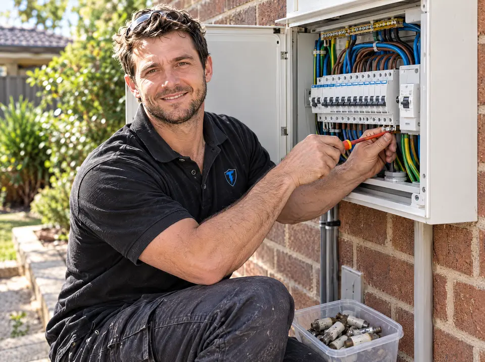 Tomo fitting circuit breakers in an outdoor switchboard on a brick house