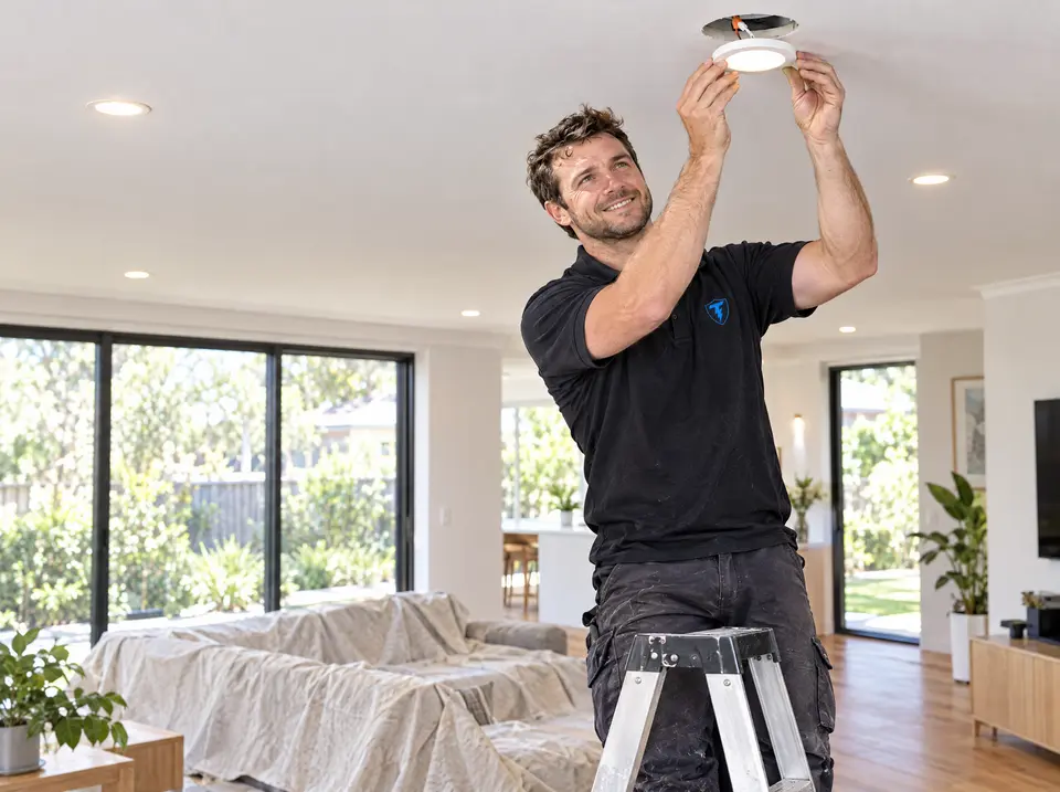 Tomo fitting an LED downlight in a living room ceiling, furniture covered with drop sheets