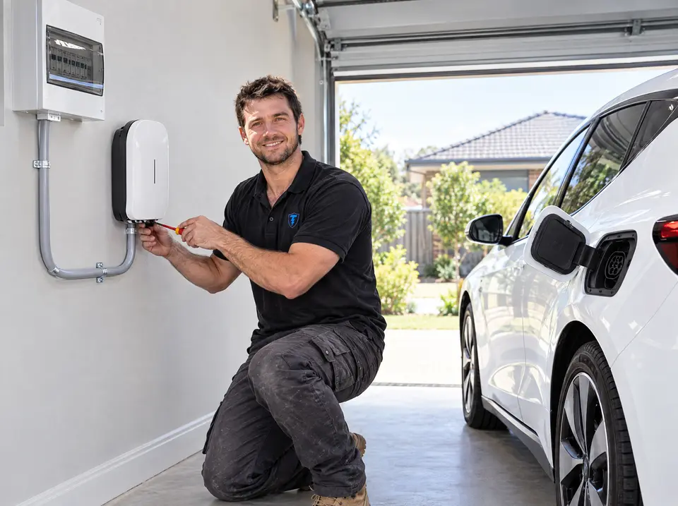 Tomo wiring a wall-mounted EV charger in a garage beside a white electric car