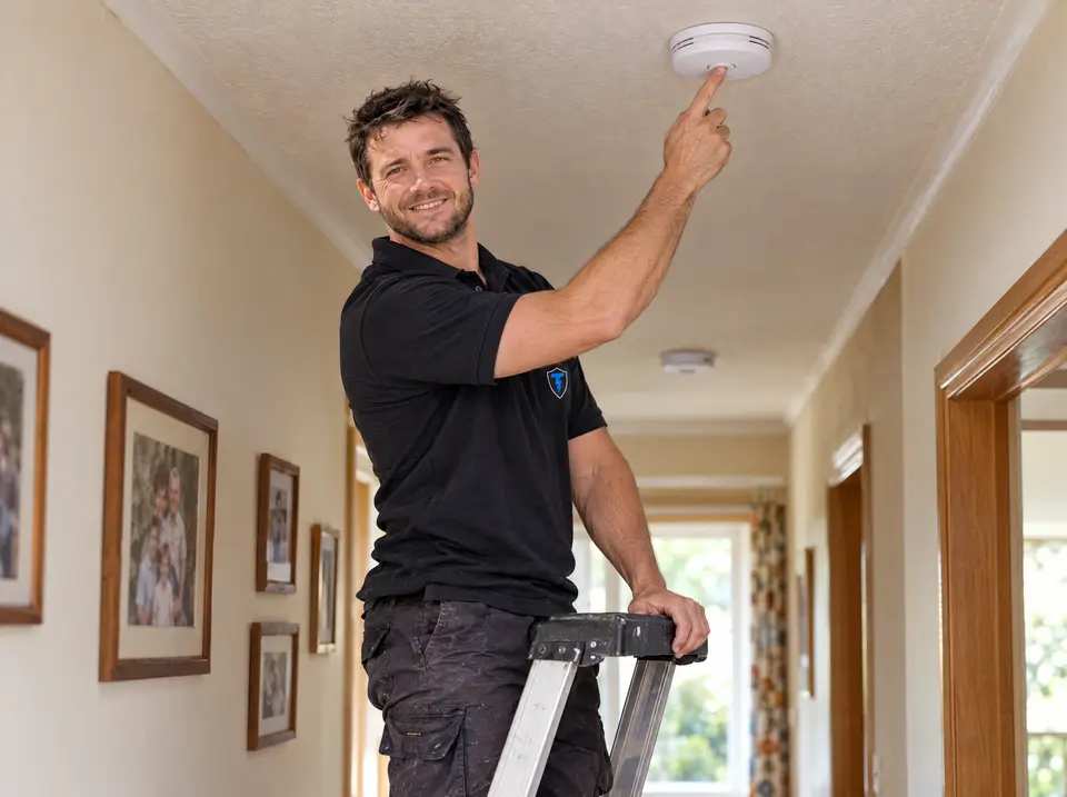 Tomo testing a ceiling smoke alarm in a hallway