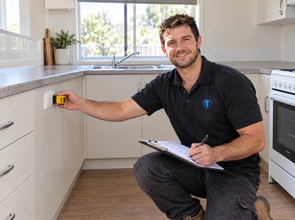 Tomo testing a power point in a rental kitchen with a checklist on his knee
