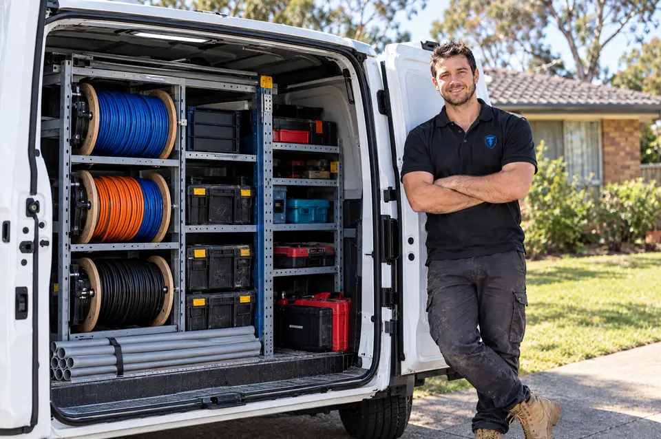 Tomo leaning on the open back of his van, its shelves stacked with cable reels and tool cases